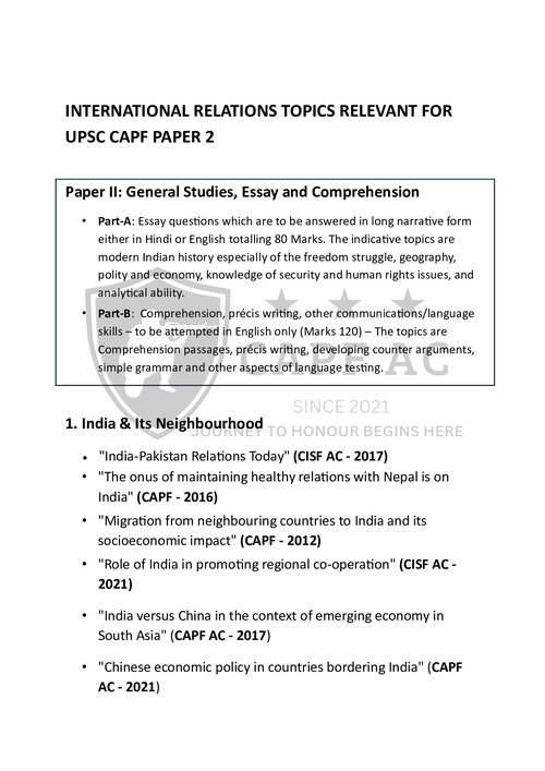 International Relations Topics relevant for UPSC CAPF Paper 2