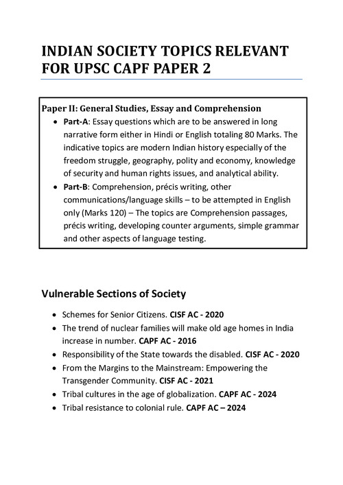 Indian Society Topics relevant for UPSC CAPF Paper 2